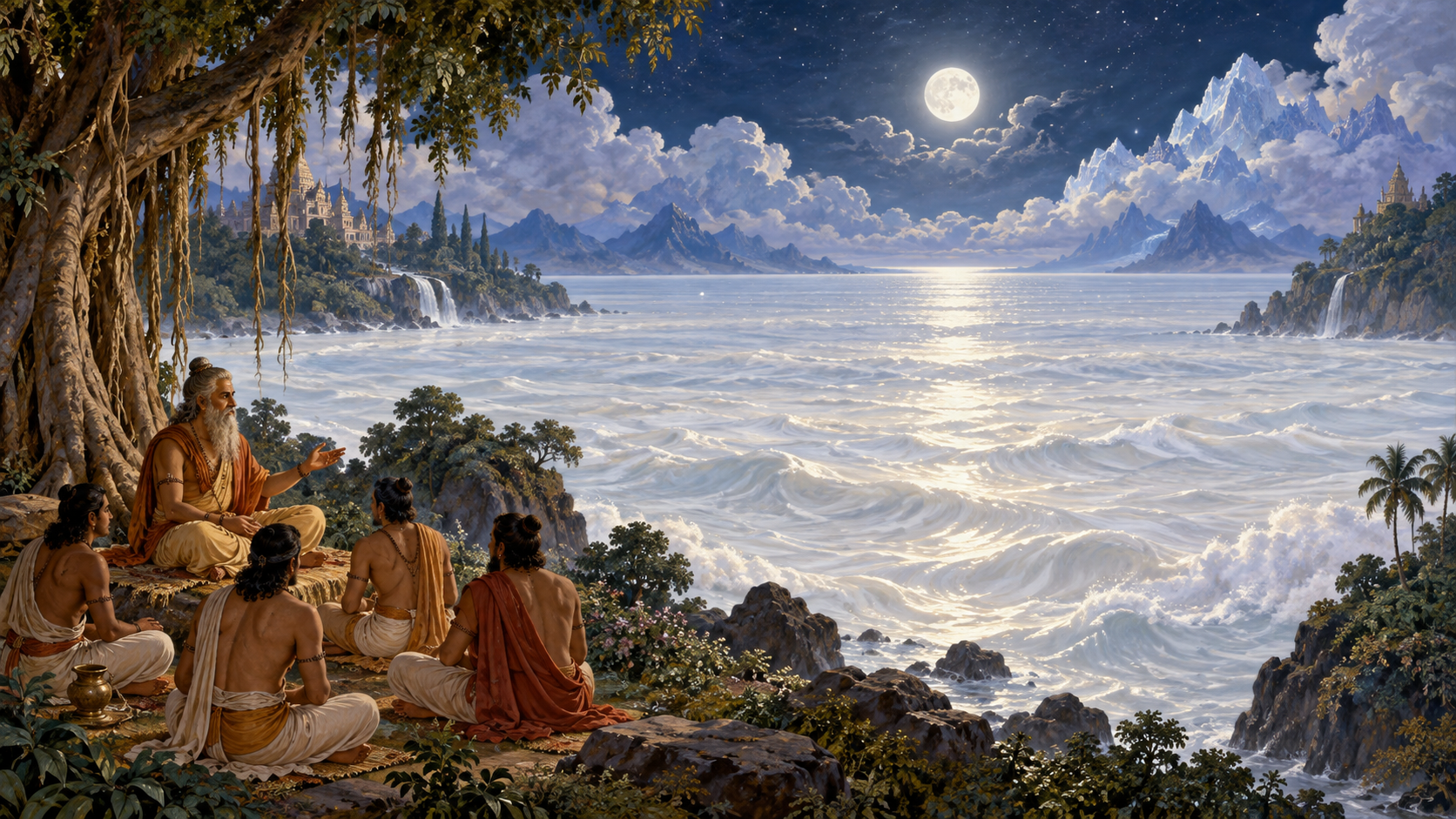 A sage and several listeners beneath a banyan tree look toward a luminous white ocean bordered by distant mountains under an indigo sky.