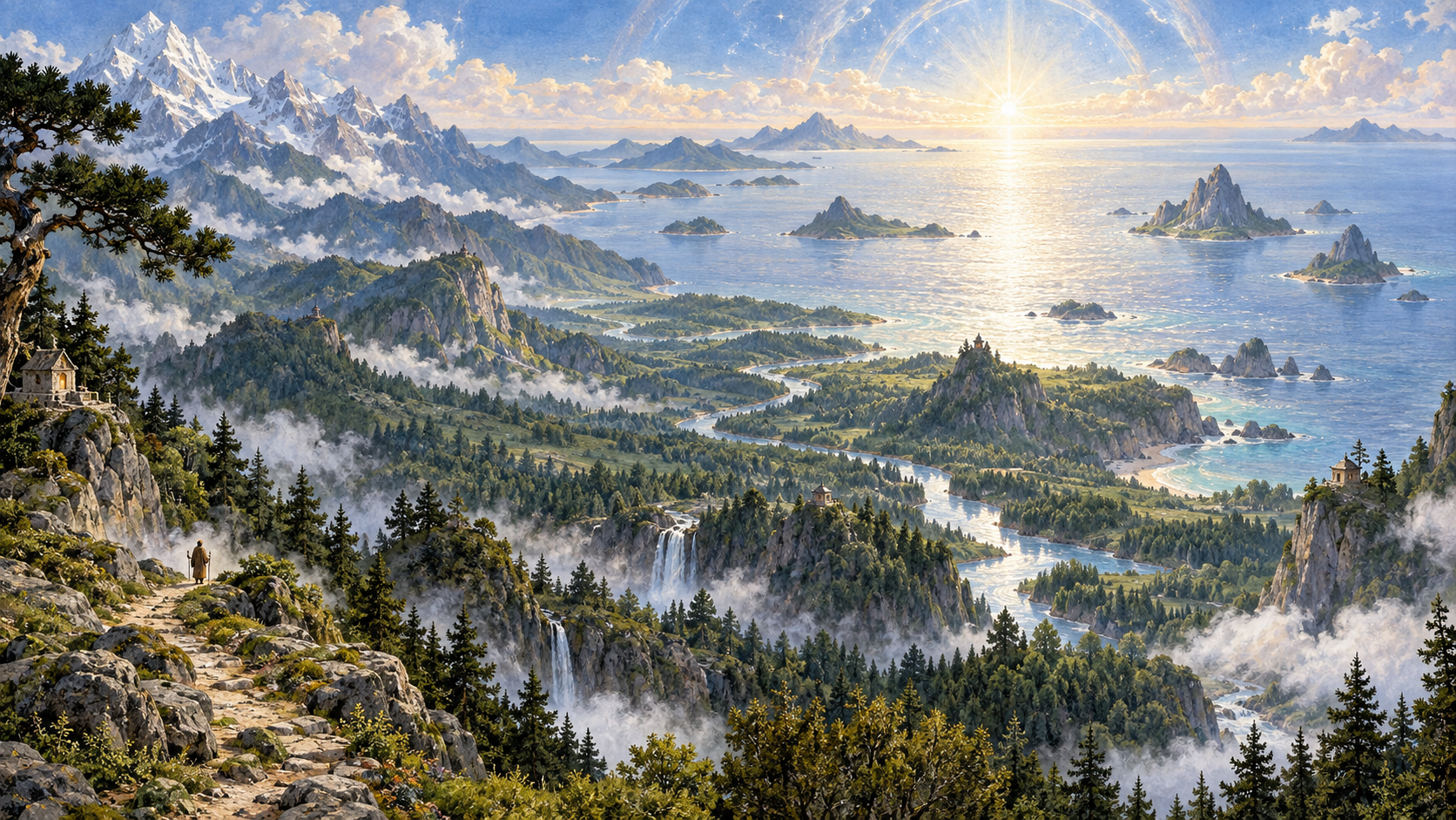 An elevated sacred landscape of forests, rivers, mountains, islands, and a radiant pale ocean, with a small pilgrimage path in the foreground.
