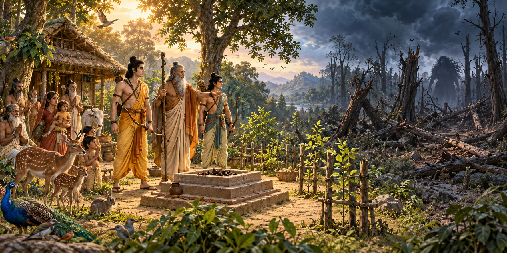 Rama, Lakshmana, and Vishvamitra stand near a forest hermitage while ascetics, villagers, and animals shelter from a distant threatening figure among damaged trees.
