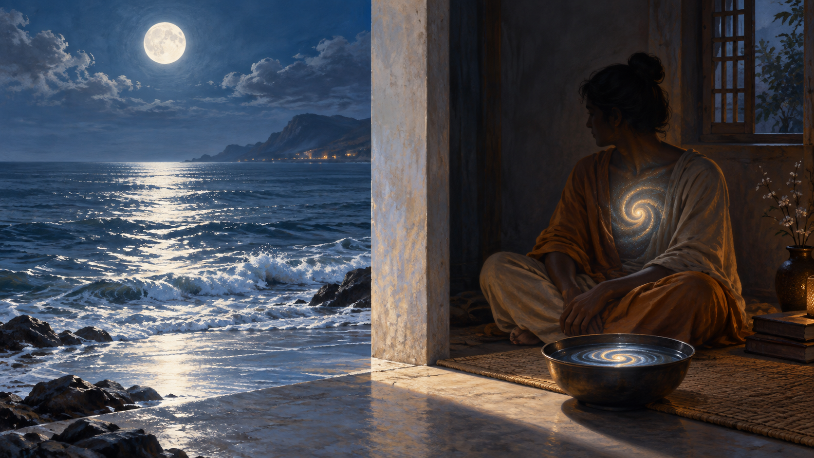 A moonlit white ocean and a seated contemplative figure are shown in separate halves, connected by silver-blue light and a subtle spiral reflected in water.