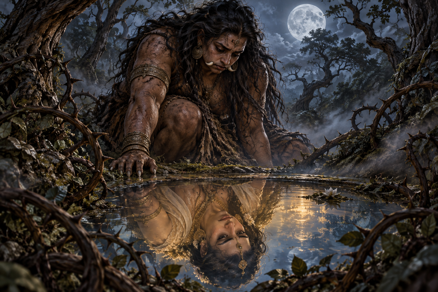 Tataka's fearsome figure stands in a moonlit forest while a clear pool reflects the same woman with a serene and dignified appearance.