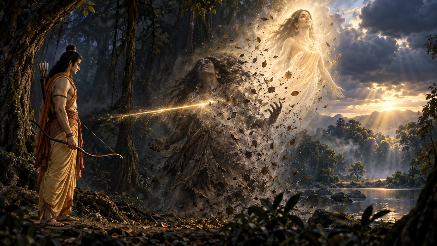 A radiant arrow reaches Tataka as her darkened form dissolves into mist and leaves and a peaceful luminous figure appears in the clearing light.
