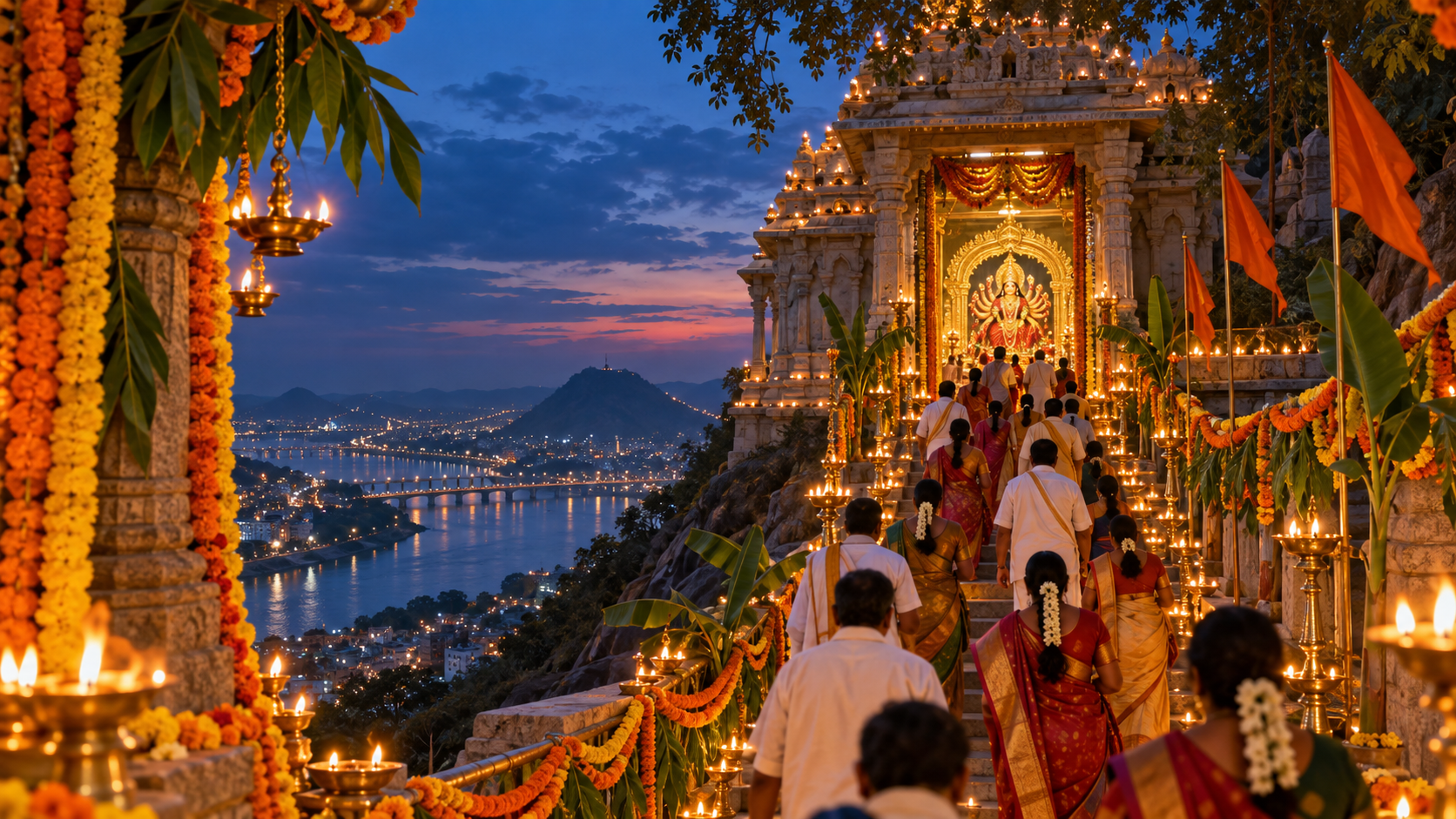 A lamp-lit hilltop temple above the Krishna River welcomes devotees during a Dasara evening celebration.
