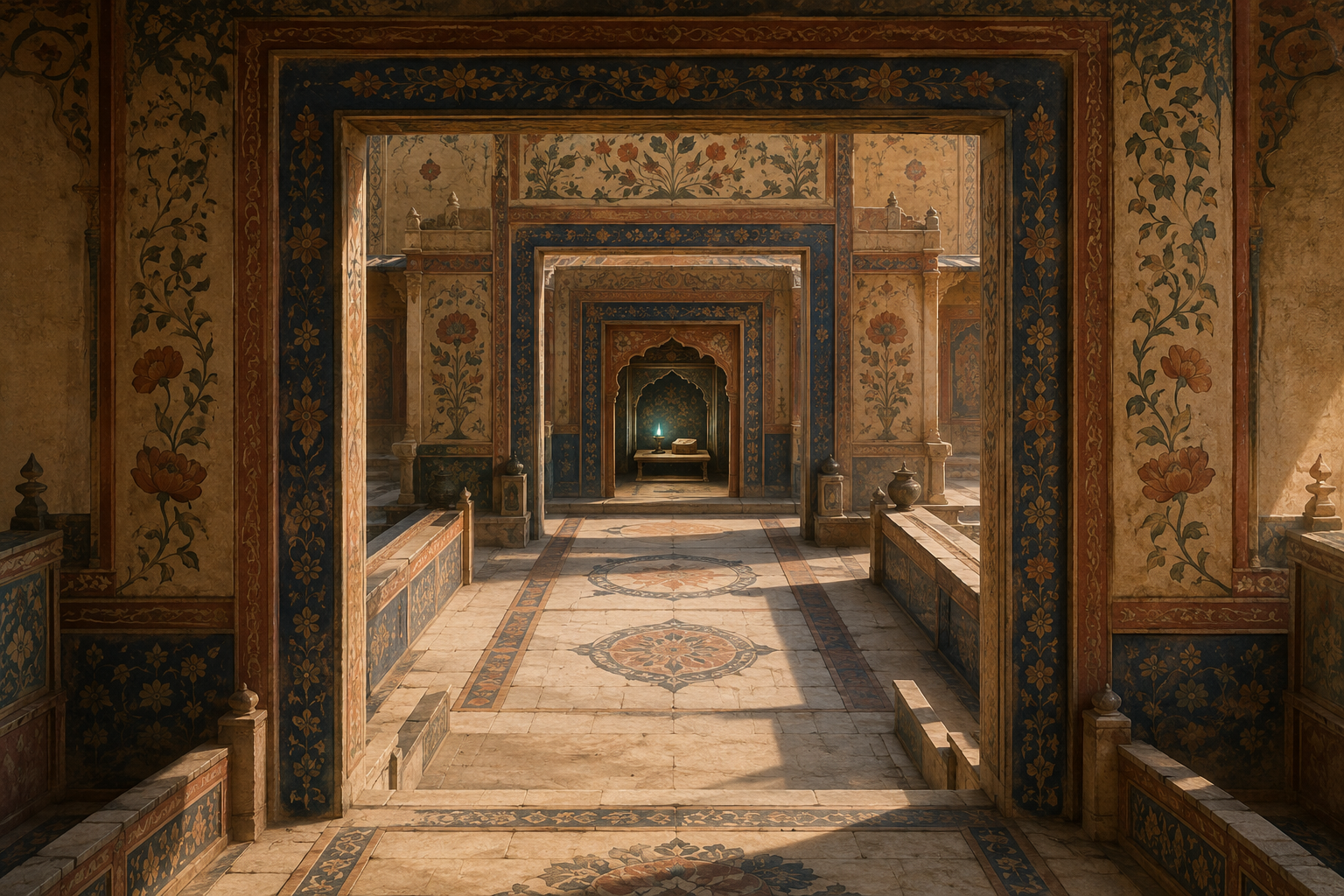 Nested temple-like courtyards lead to an inner chamber containing a glowing lamp and a closed manuscript bundle.