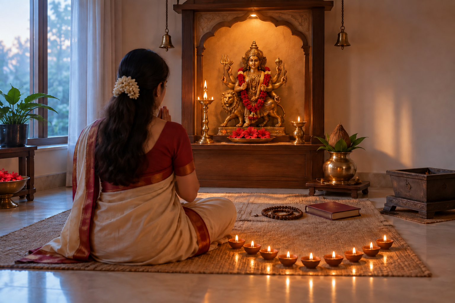 A devotee sits before a Navratri shrine surrounded by nine clay lamps, flowers, a kalasha, prayer beads, and an unlit havan kund.