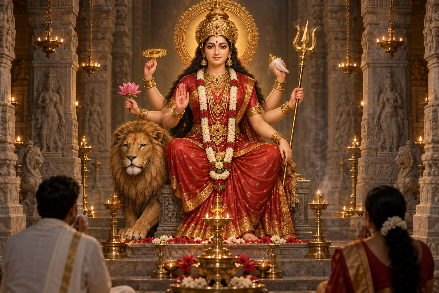 An adorned multi-armed form of Goddess Durga displays symbolic attributes in an oil-lit temple sanctum.