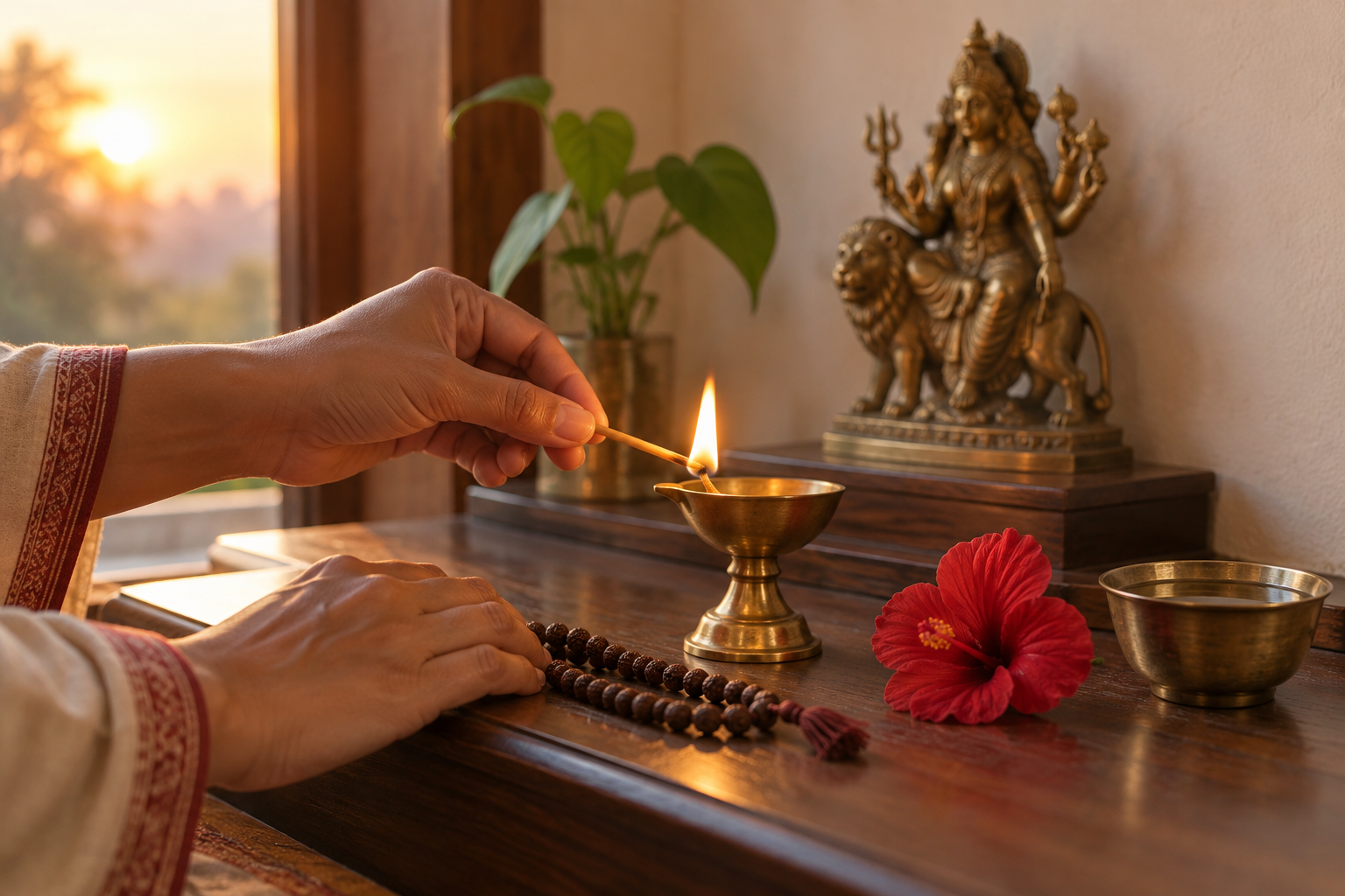 Hands light a brass oil lamp beside prayer beads, a red flower, water, and a small Devi murti in a simple home shrine.