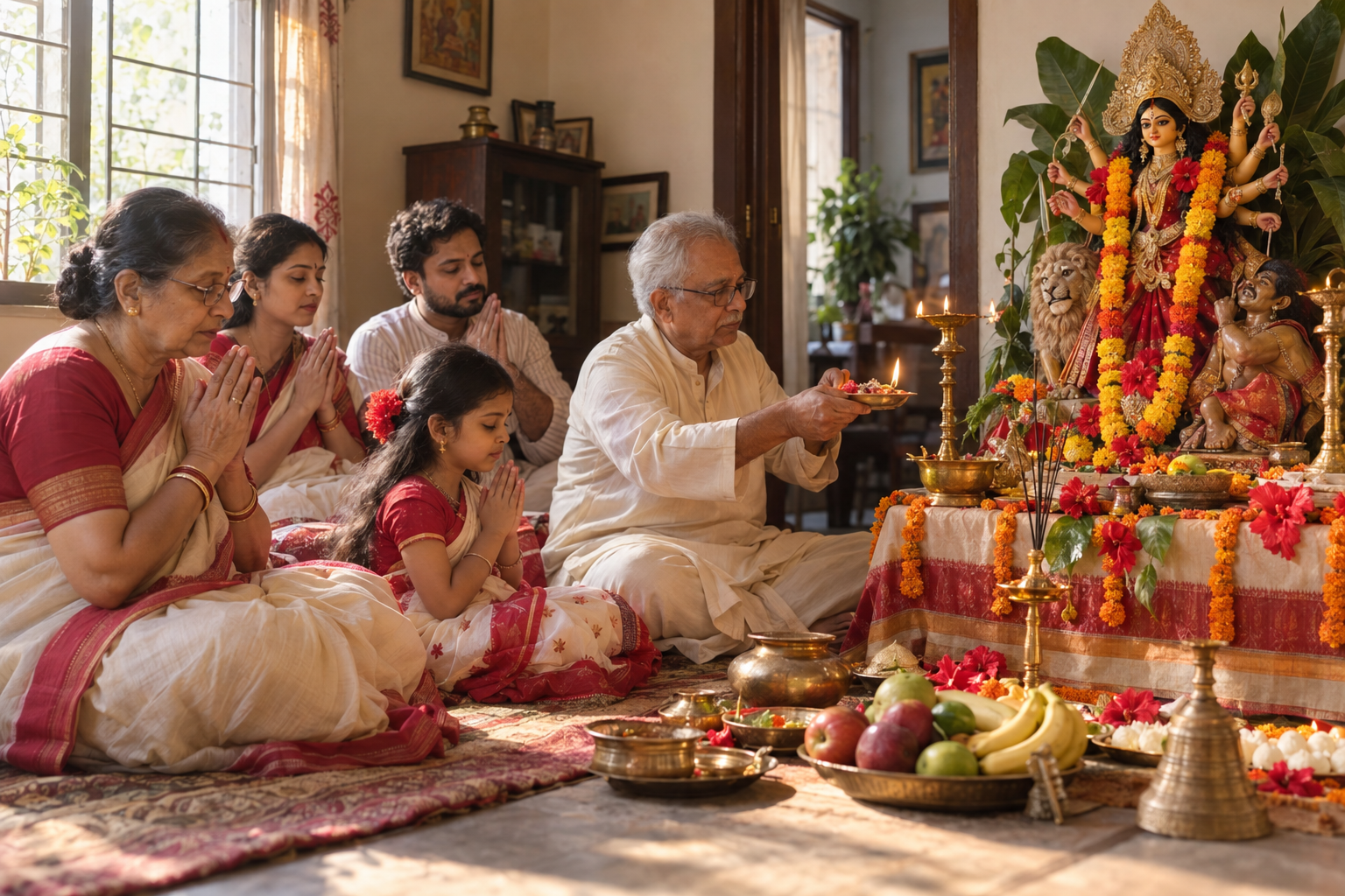 A multigenerational family prays before a flower-decorated Durga shrine with oil lamps and simple offerings in their home.