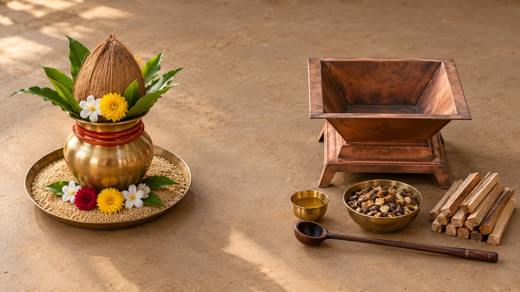 A prepared kalasha and a separate unlit copper havan kund are arranged with grain, leaves, coconut, wood, ritual ingredients, and a ladle.