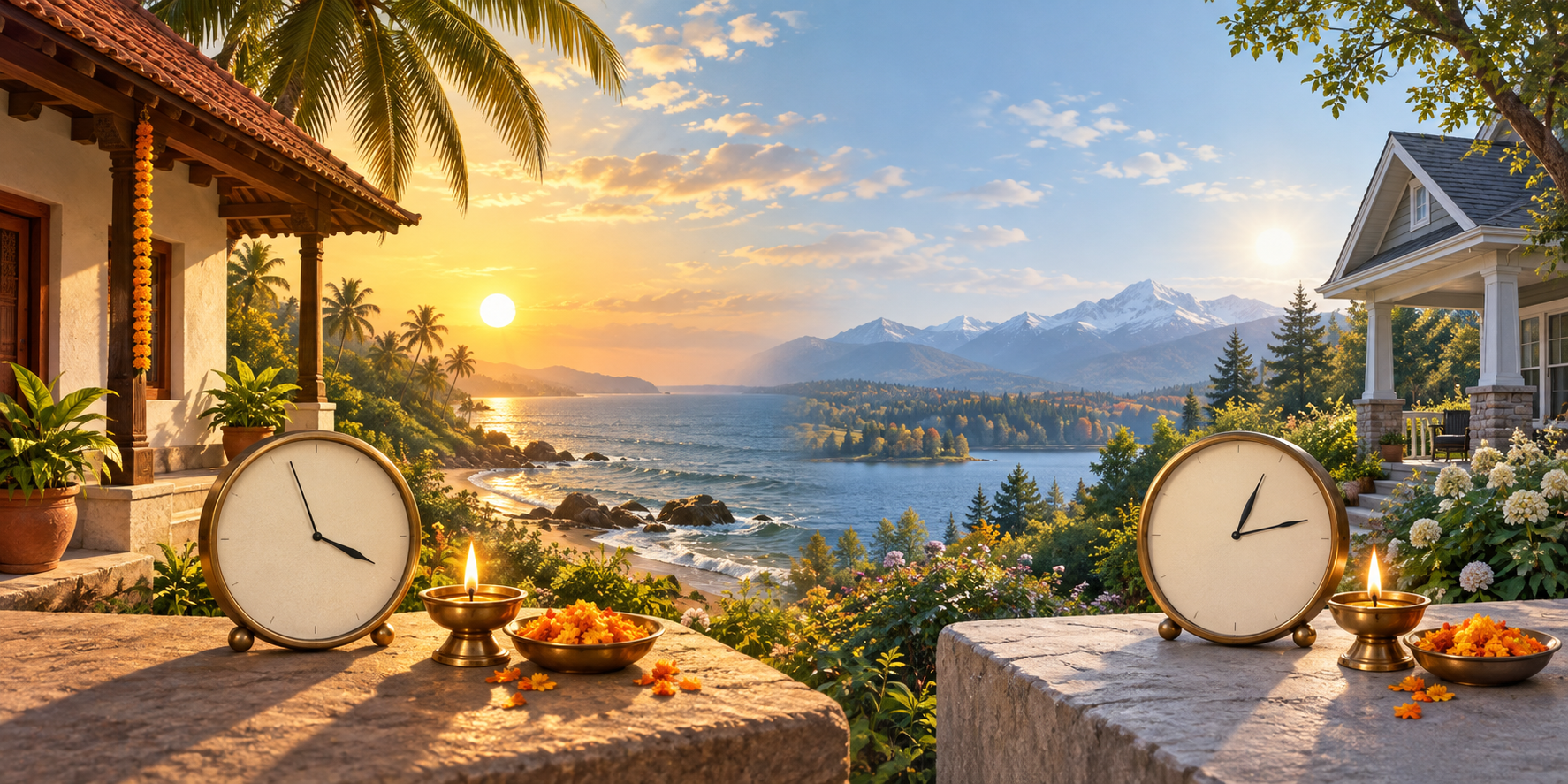 Two homes in different landscapes are shown under different daylight conditions, each with an unnumbered clock, a diya and marigold petals.