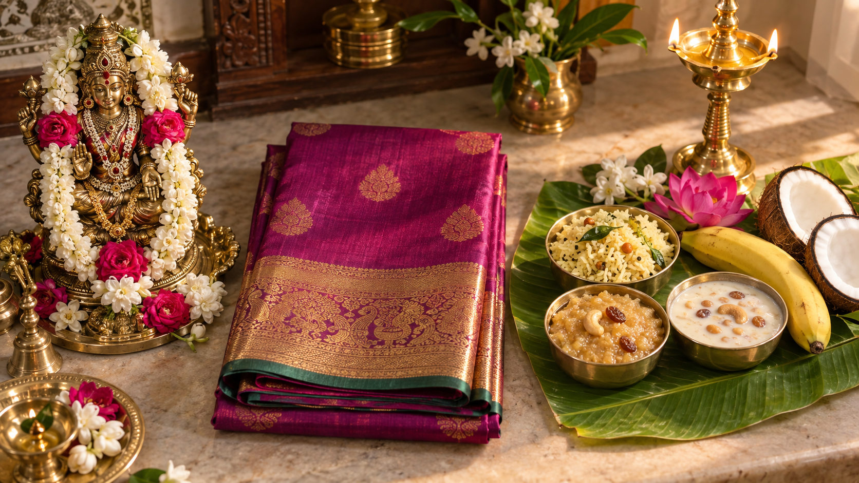 A Devi murti, folded silk saree and banana-leaf naivedyam are arranged as three separate parts of a home observance.