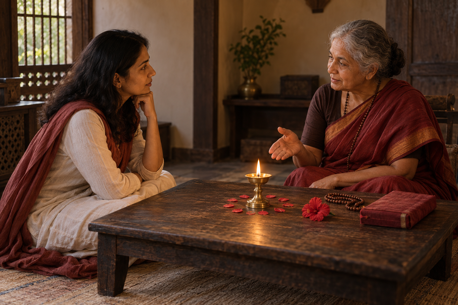A spiritual seeker listens to an older female teacher beside a lamp, prayer beads, a flower, and a cloth-wrapped scripture.