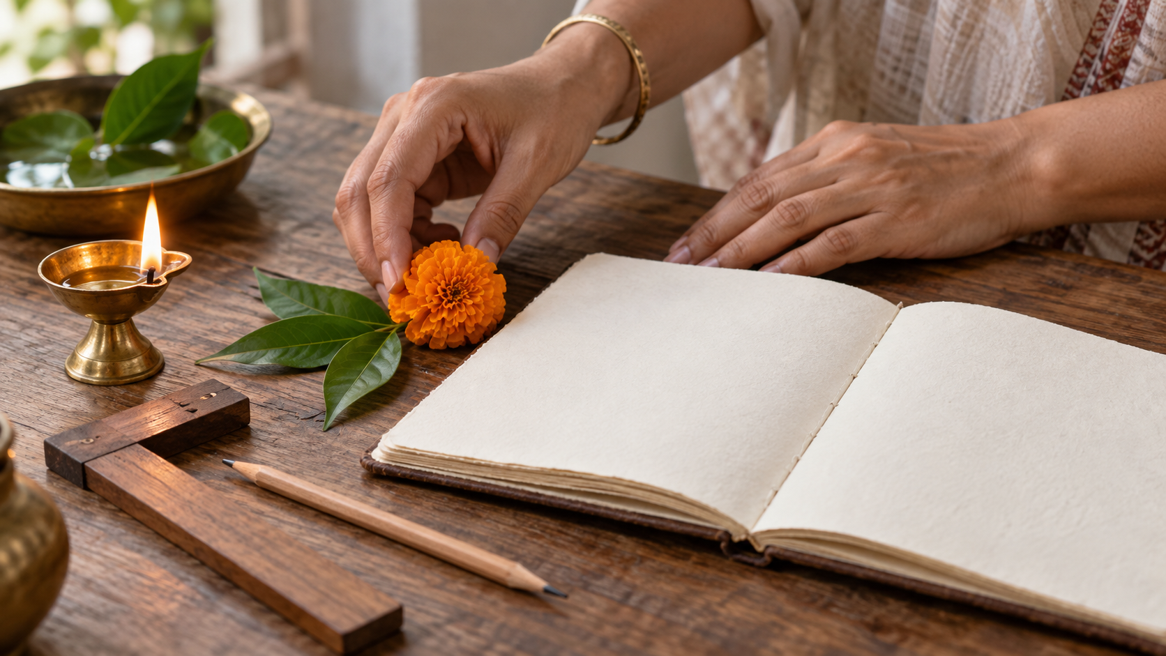 Hands place a marigold beside a blank open notebook, pencil, measuring tool, leaves and a lit brass lamp before beginning work.