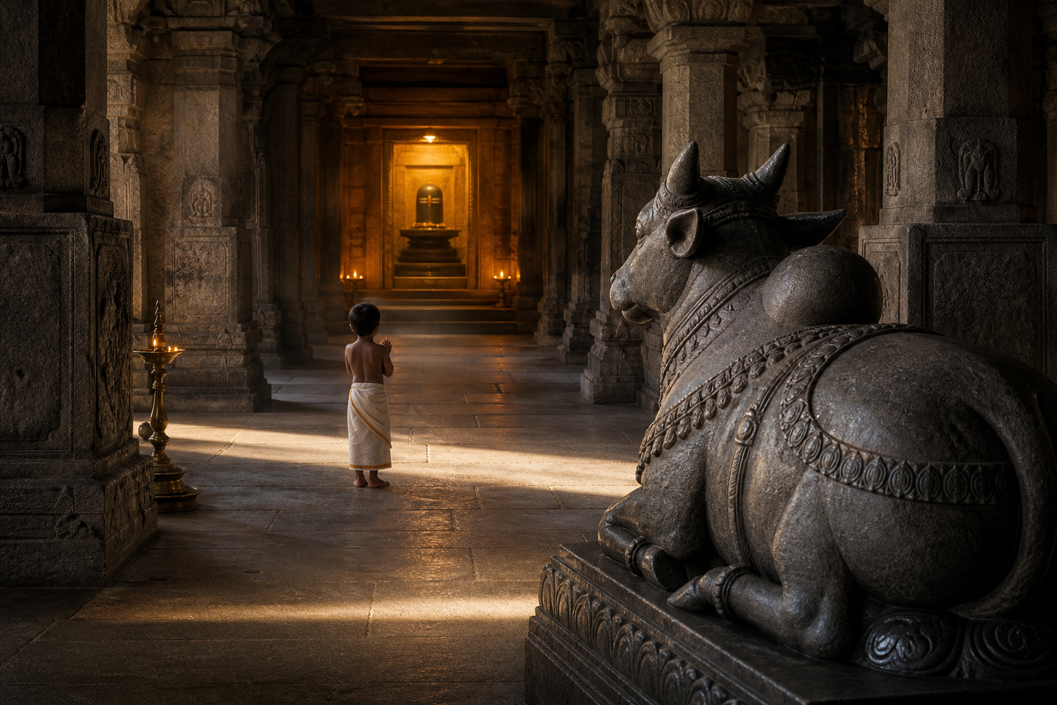 A carved stone Nandi sits beside an open temple sightline connecting a child devotee with the glowing sanctum doorway.