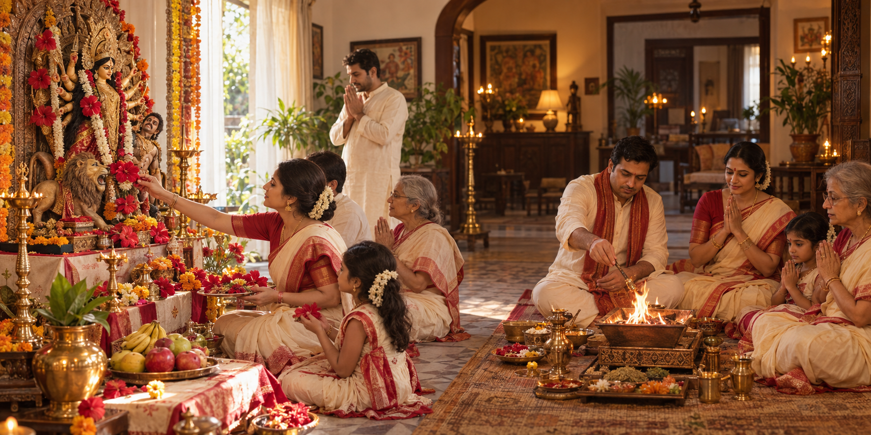 Two connected household scenes show a flower offering before a Durga shrine and a later fire ritual performed by the same family.