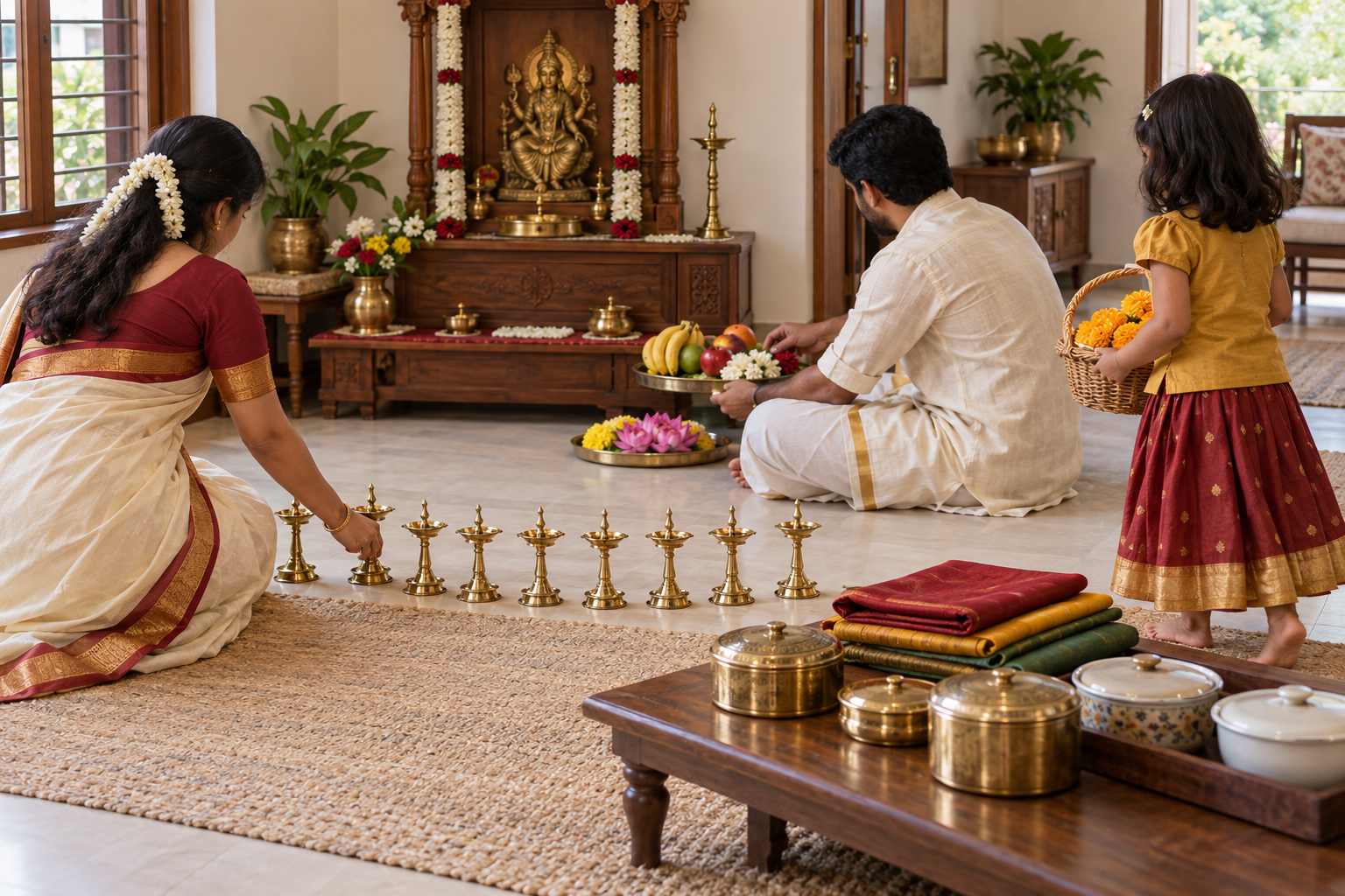 A family prepares lamps, flowers, fruit and puja vessels for a Navaratri observance at home.