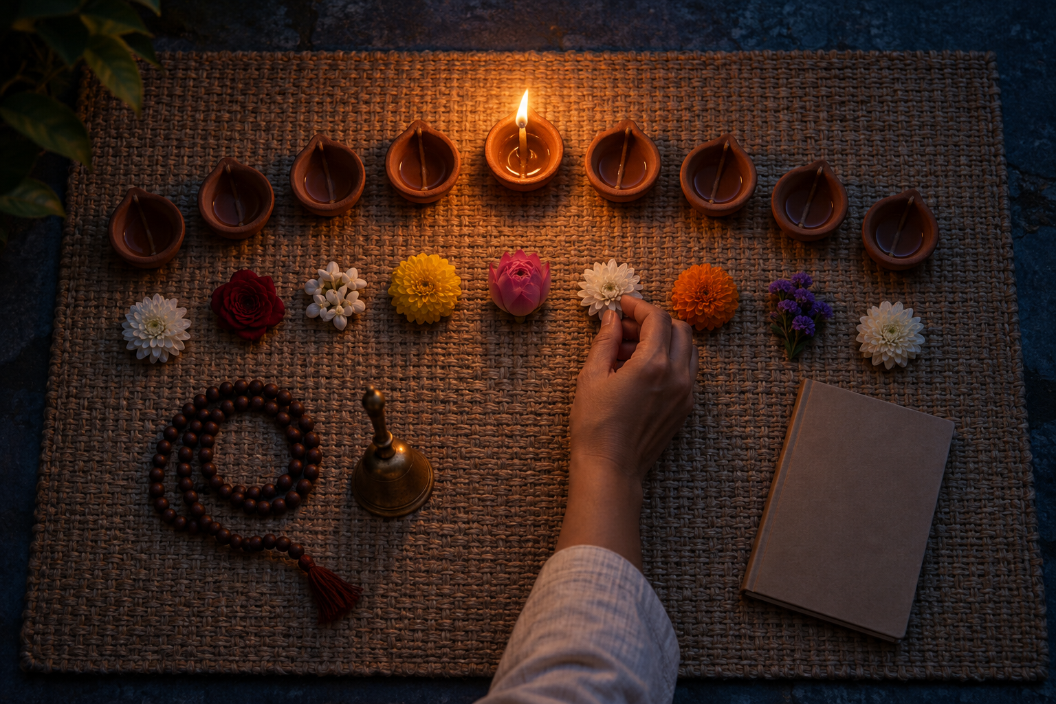 Nine clay lamps and nine flower offerings are arranged beside prayer beads, a bell, and a closed notebook for a nine-night observance.