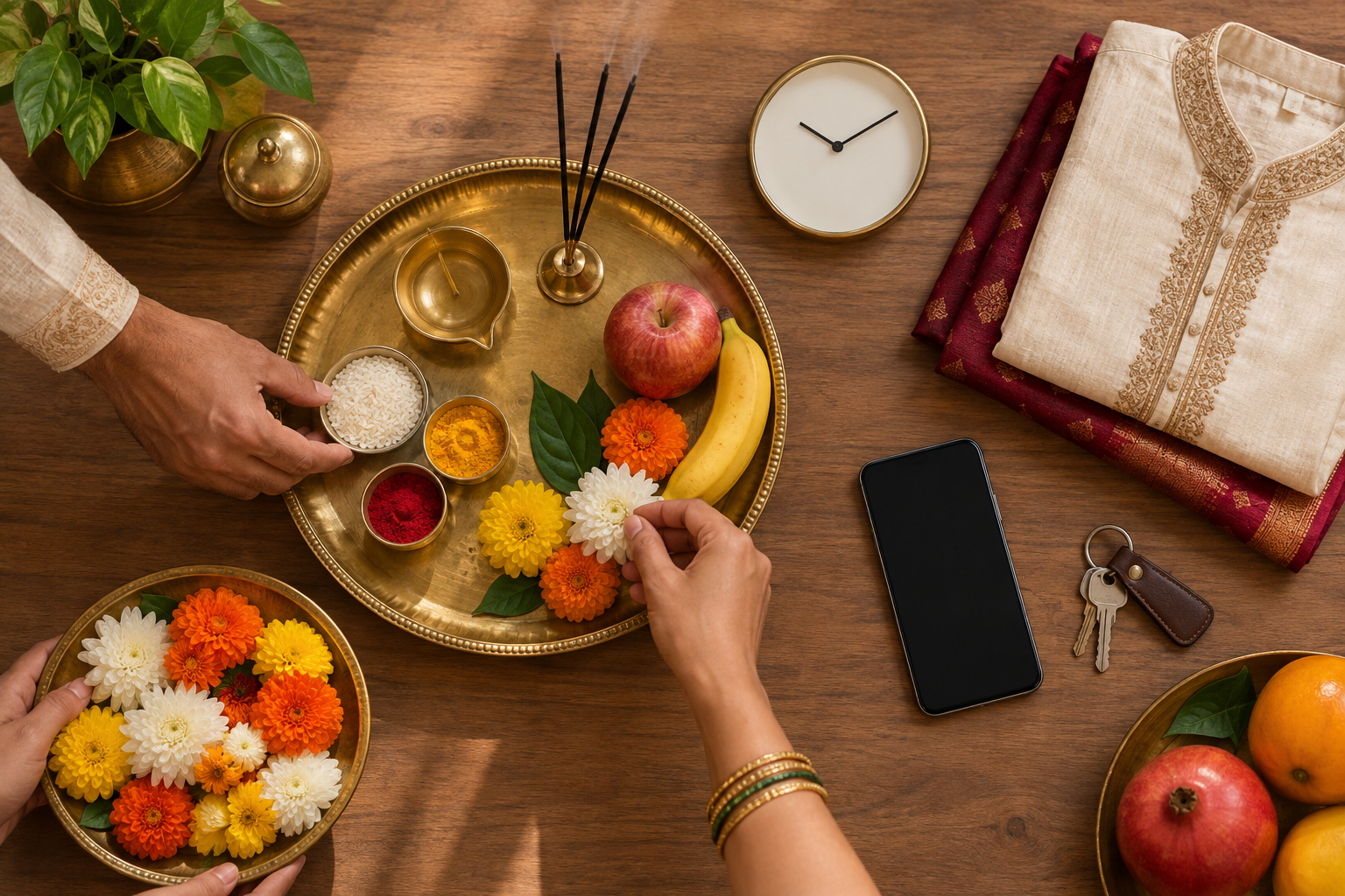 An overhead view shows hands organizing puja supplies, festive clothing, keys, a blank phone and an unnumbered clock on a wooden table.