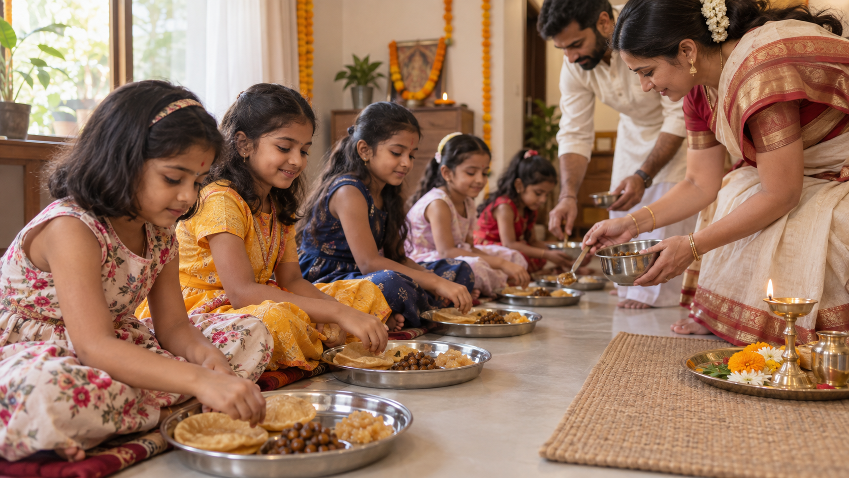 Family members respectfully serve a traditional meal to several seated girls during a simple Kanya Puja at home.