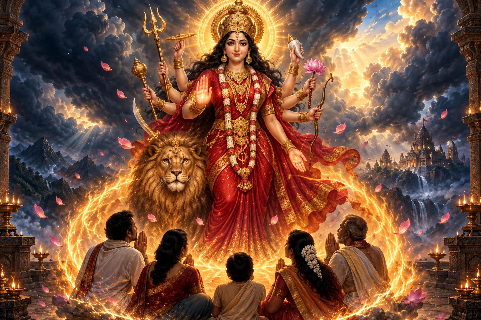 Maha Chandi stands within a radiant halo with one hand raised in reassurance before a group of devotees.