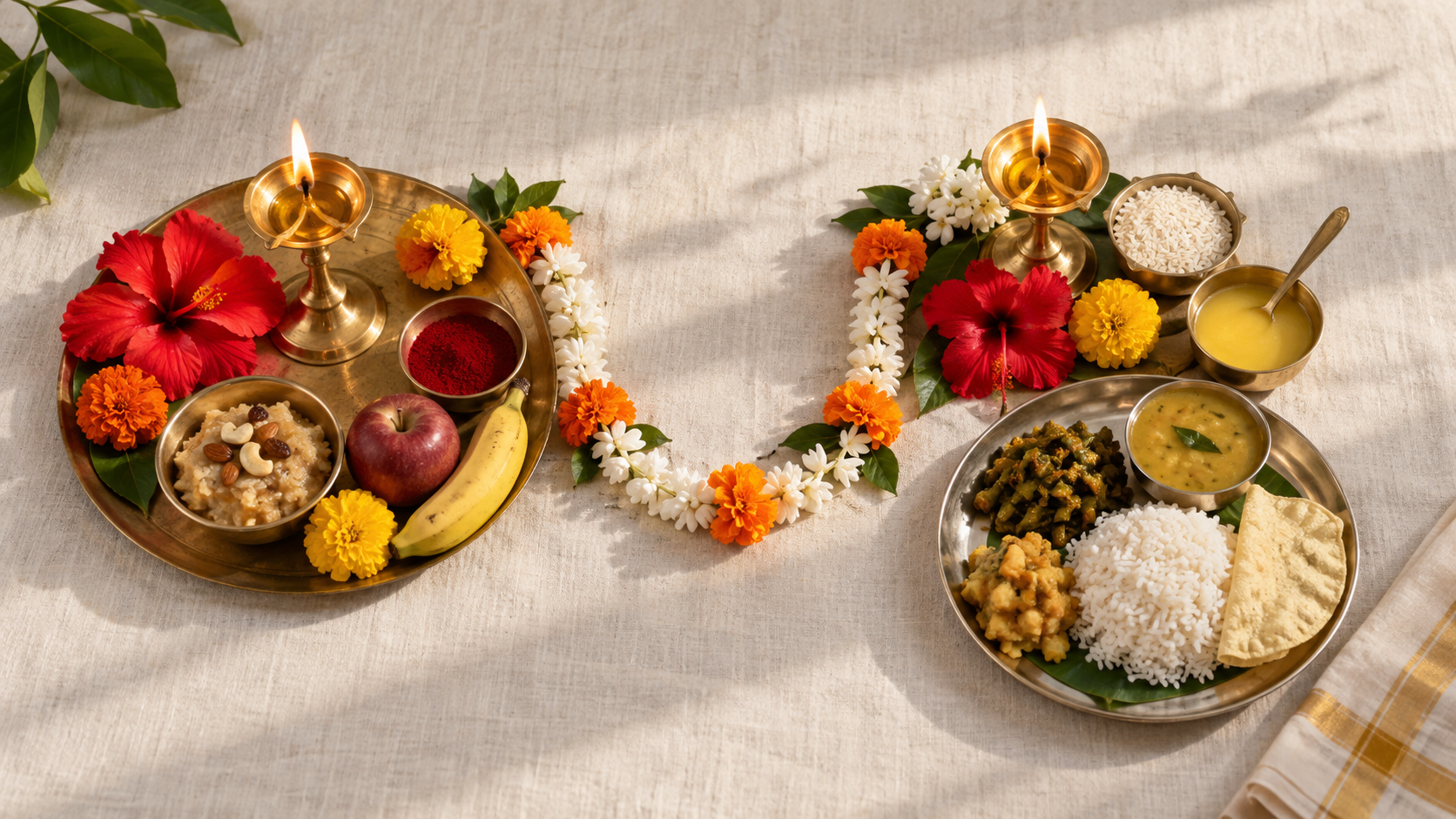 Two modest sets of flowers, lamps, offerings, and food are arranged side by side for consecutive household observances.