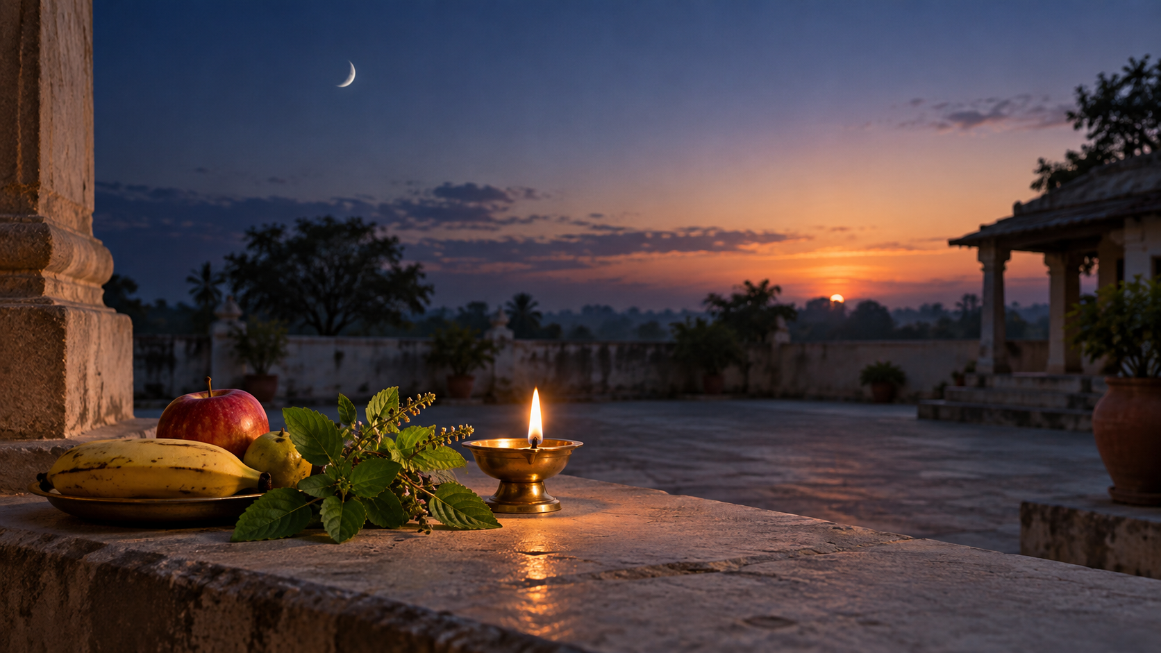 A brass oil lamp, tulsi leaves, and fruit offerings on a stone ledge beneath a waning crescent moon at dawn.