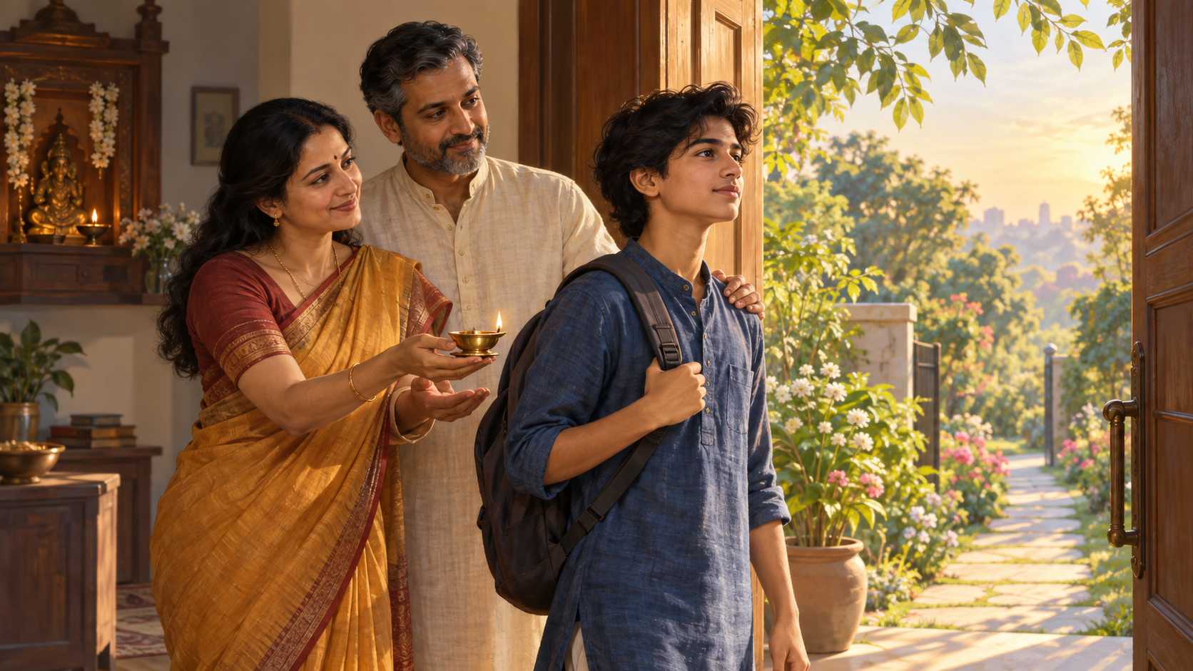 Hindu parents stand behind their adolescent child at an open doorway, offering a lit brass lamp as the child looks toward a sunlit garden path.