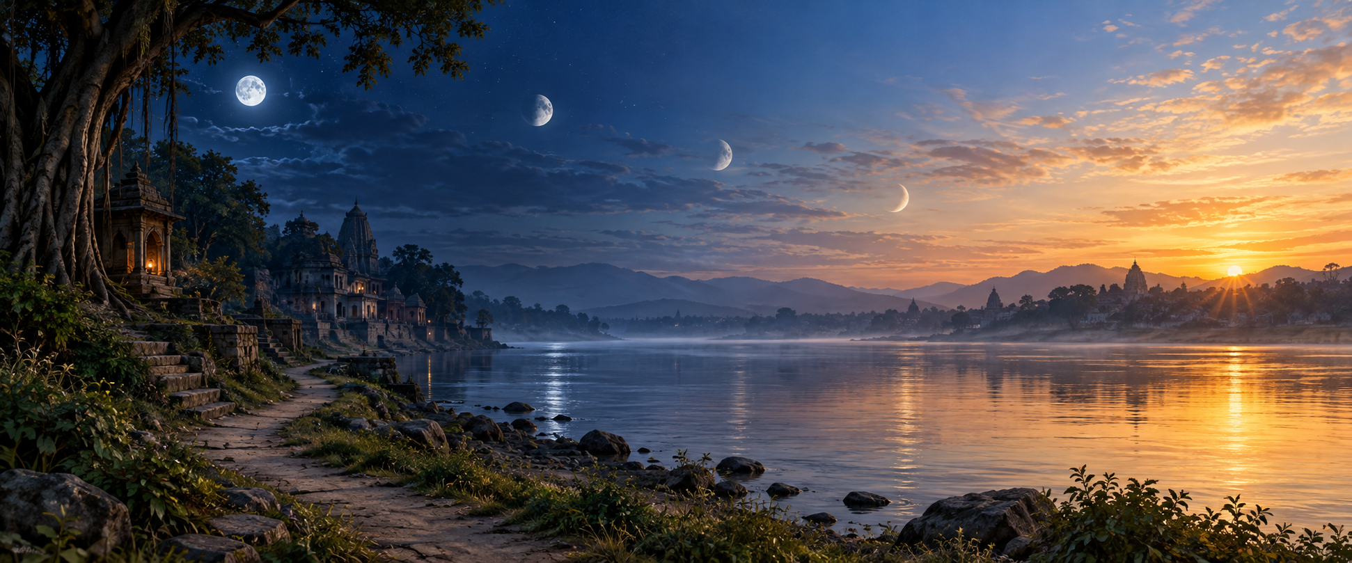 A continuous riverside landscape changes from moonlit night to early daylight as the moon shifts across the sky.