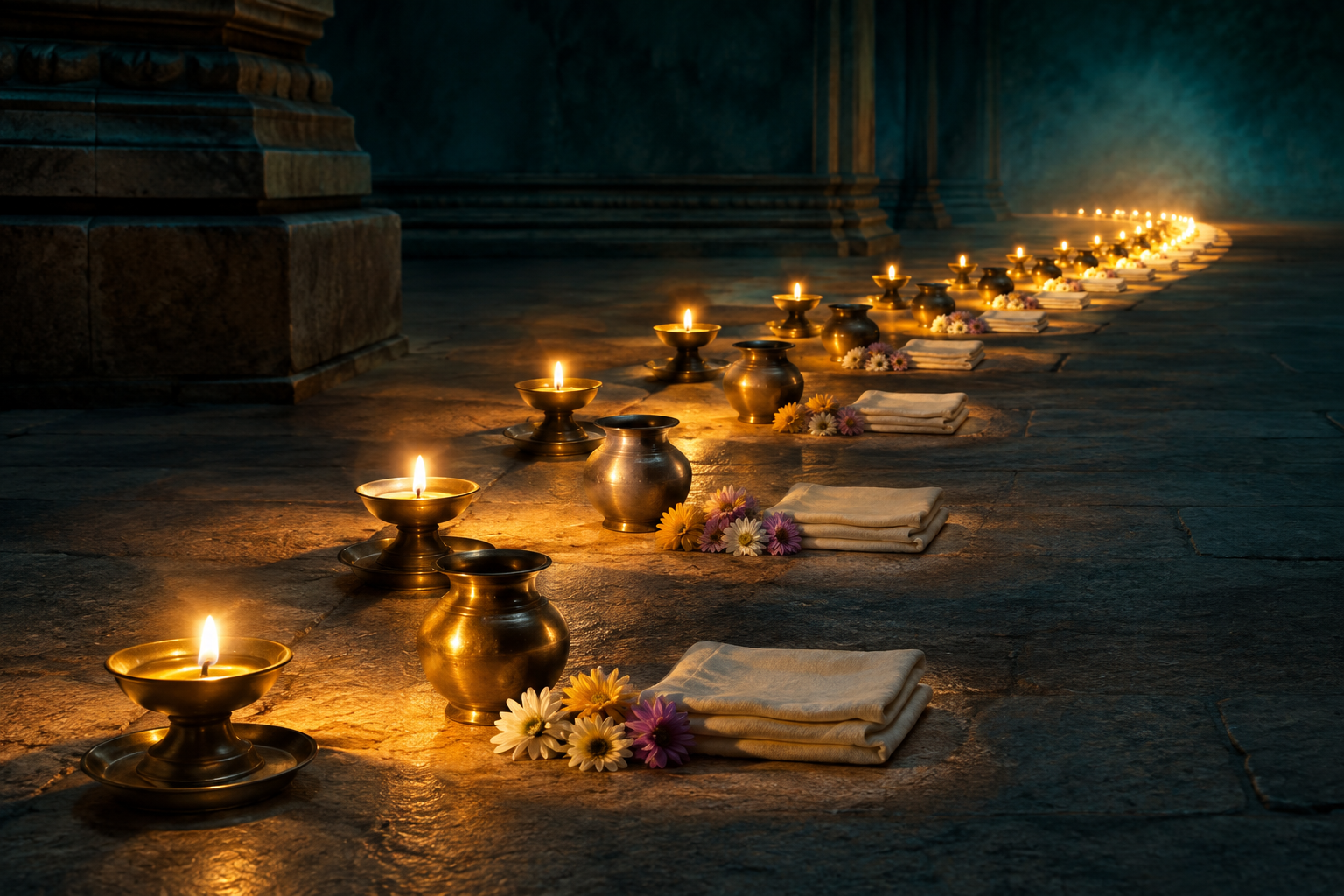Brass lamps, vessels, flowers, and folded cloth form an ordered path through a dim stone interior.