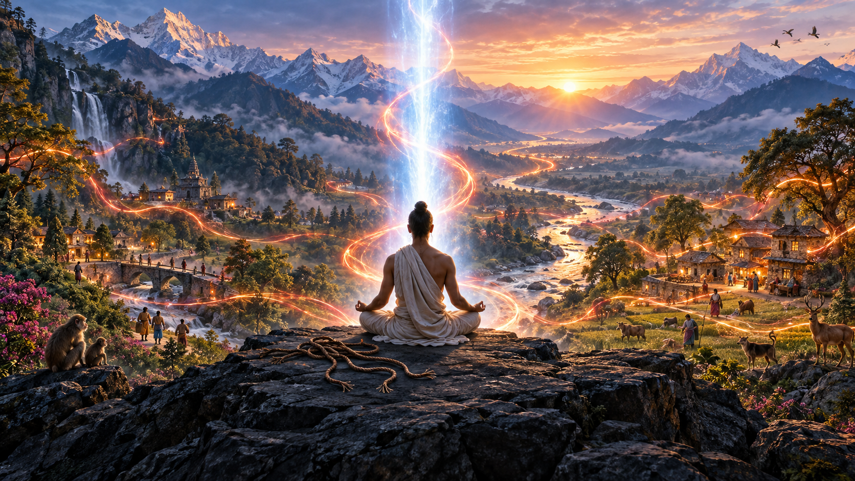 A meditating figure sits in a Himalayan landscape before a column of blue-white light, with a red-gold current flowing through nature and loosened cords at the figure's feet.