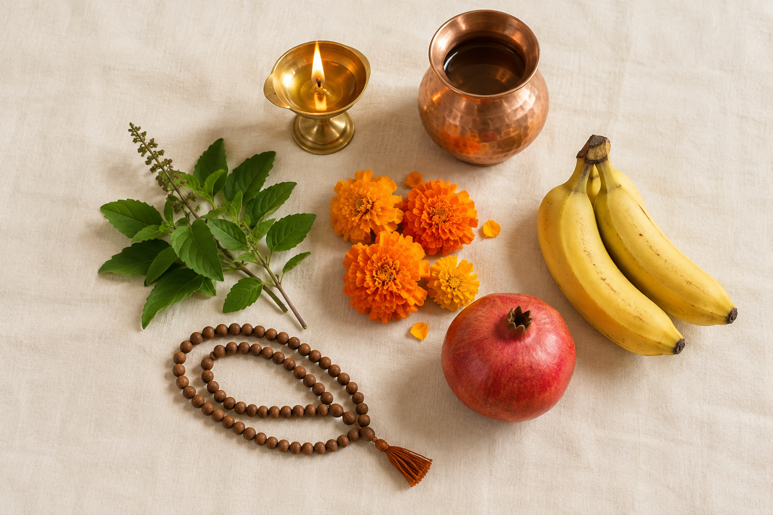 A brass lamp, copper water vessel, tulsi leaves, flowers, fruit, and prayer beads arranged on a cream cloth.