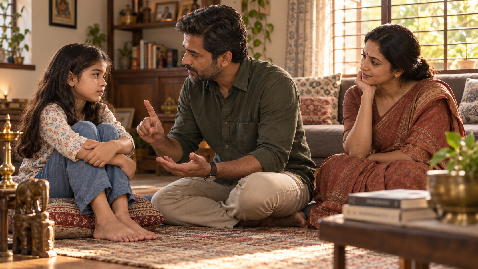 A father speaks at eye level with his upset young daughter while her mother listens nearby in a warm family living room.
