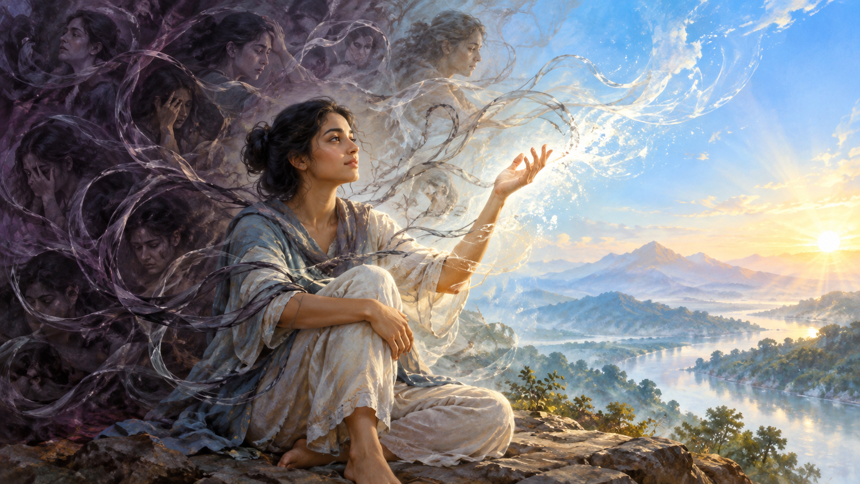 A seated person observes translucent knotted strands around the body as the strands loosen and dissolve into a clear field of light.