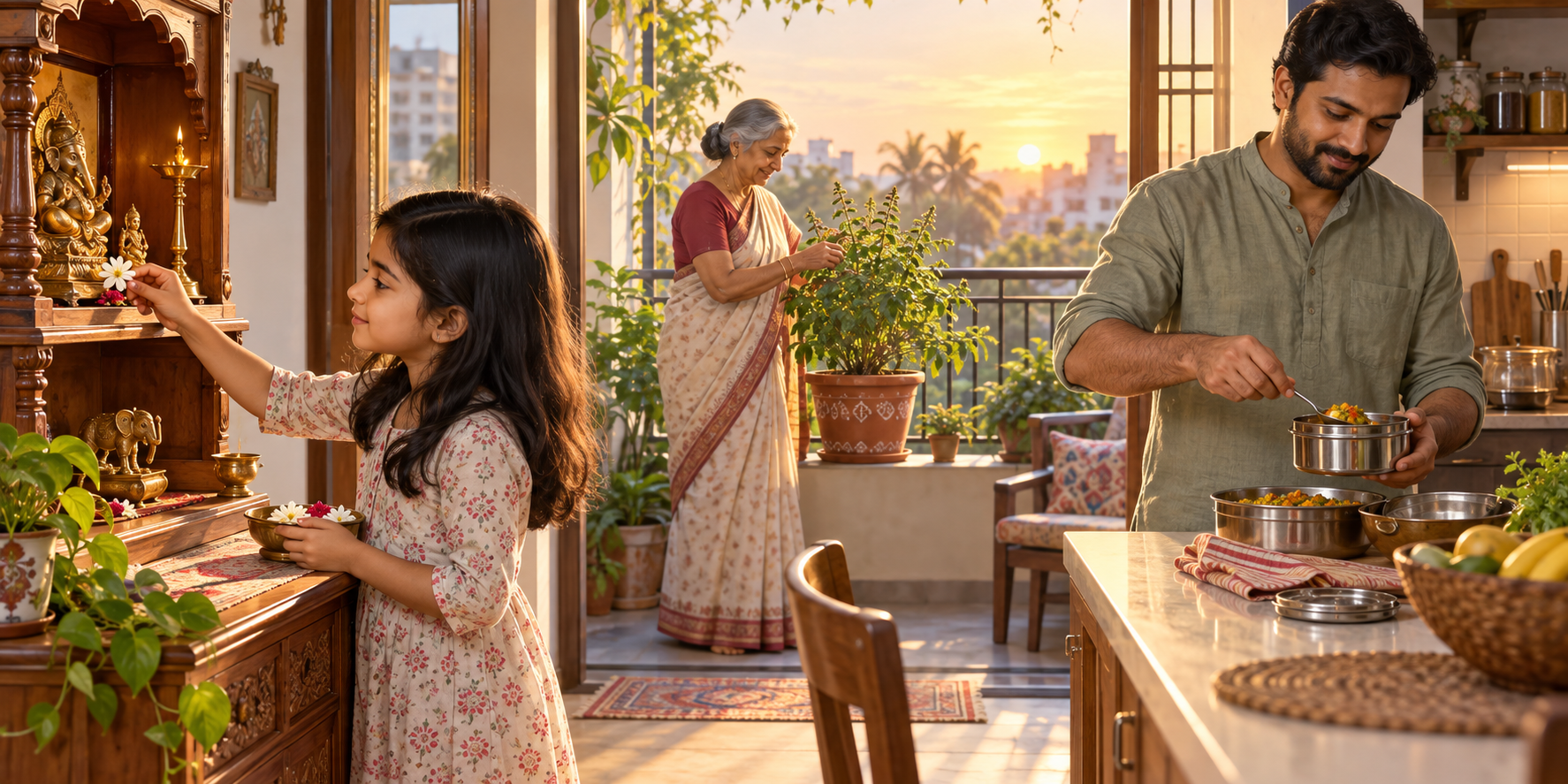 Three generations of a Hindu family place a flower at a home shrine, care for a tulsi plant, and prepare food to share with someone in need.