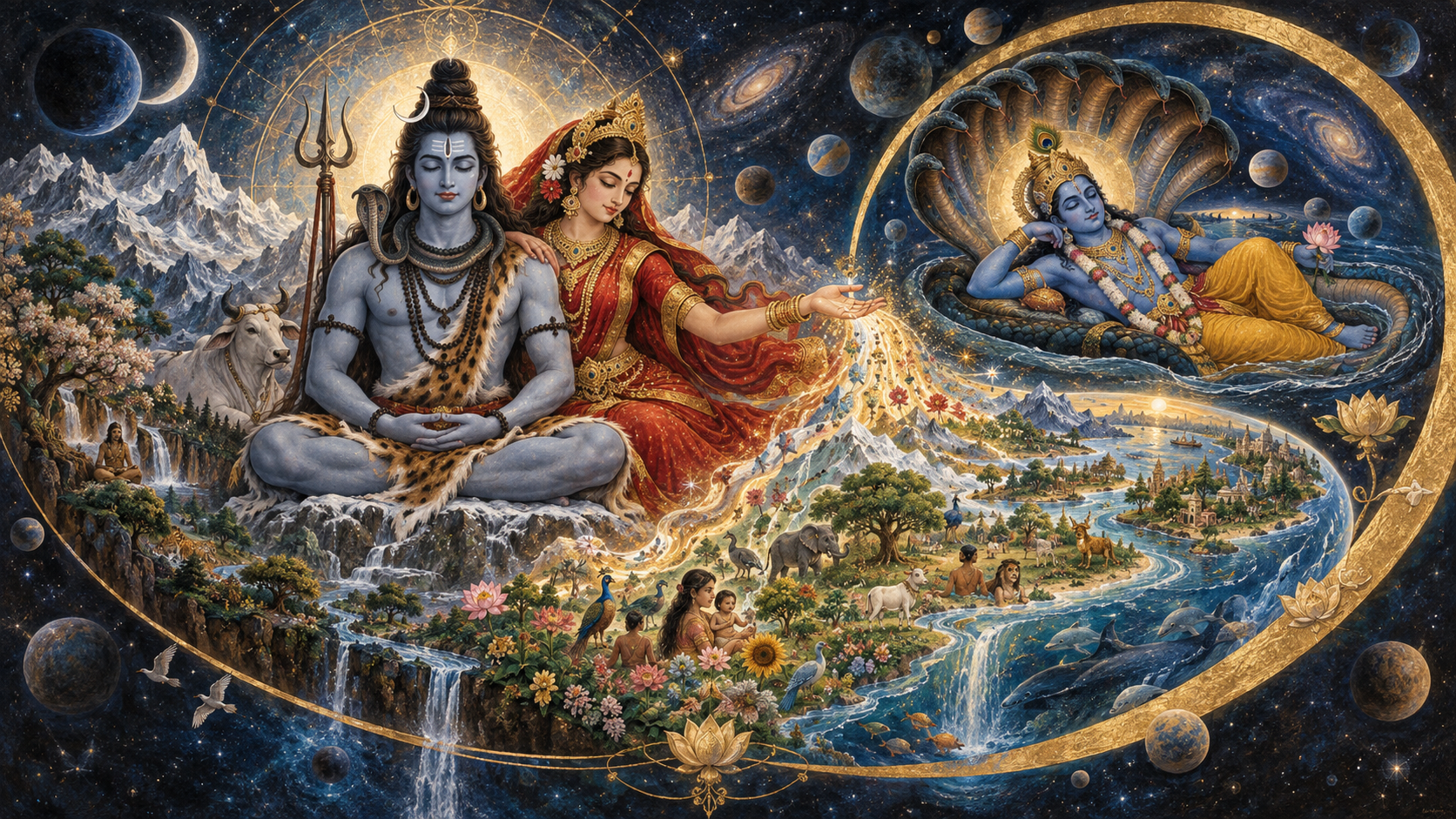 Shiva meditates at the center while Parvati's flowing energy becomes the natural world and Narayana appears within a golden arc surrounding it.