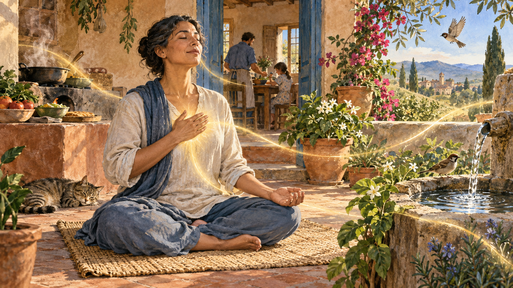 A person meditates in a sunlit courtyard as subtle light links the body with plants, water, household objects, birds, and family life.