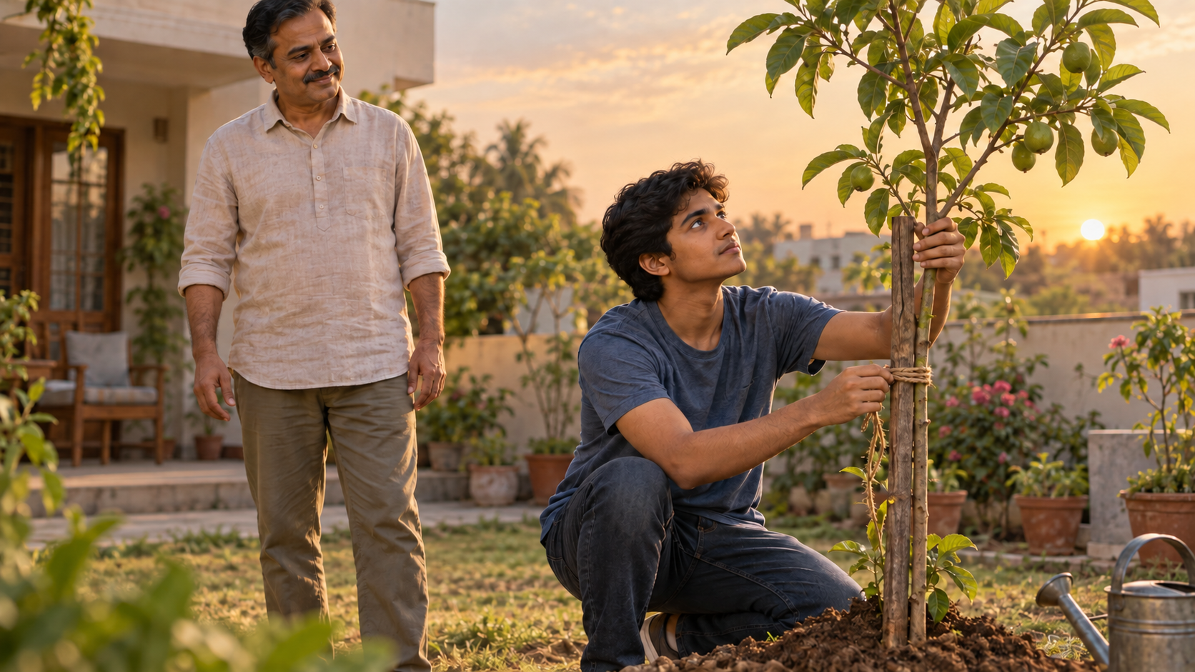 A parent steps back while an older teenager takes responsibility for supporting a young tree in a sunlit courtyard.