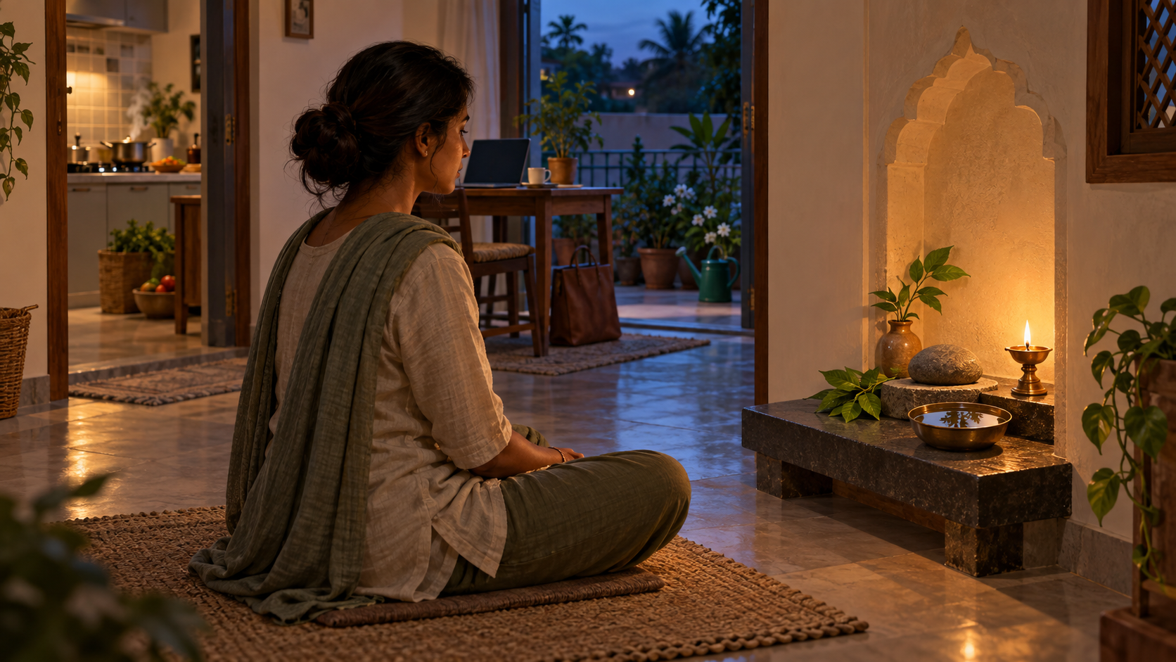 A person sits attentively before a simple home shrine with an oil lamp, water bowl, stone, and leaves while everyday tasks remain visible nearby.