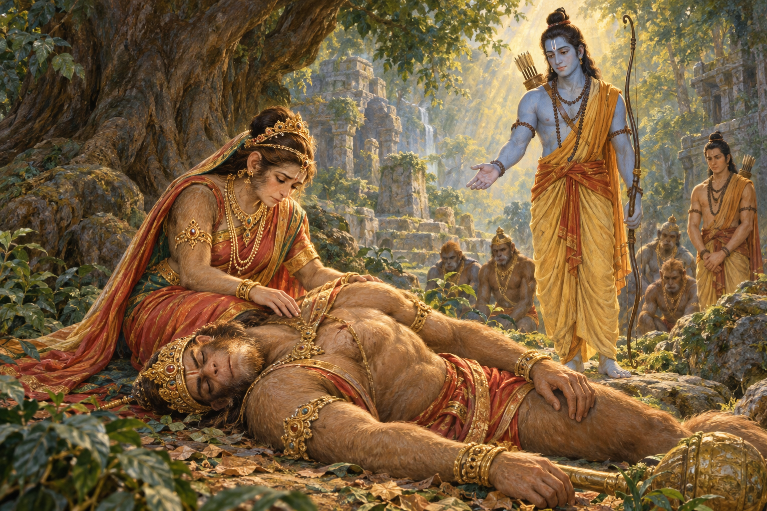 Tara kneels in grief beside the fallen Vali while Sri Rama offers counsel in the forest of Kishkindha.