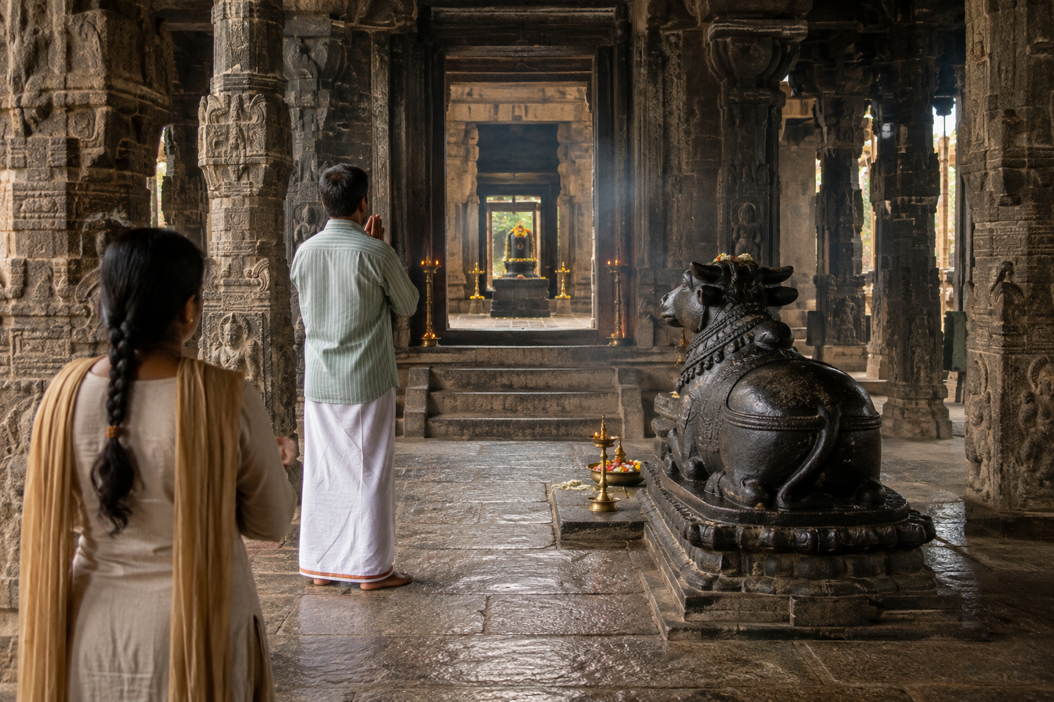 A pilgrim greets an offset stone Nandi with folded hands while the temple sanctum remains visible along the open line of sight.