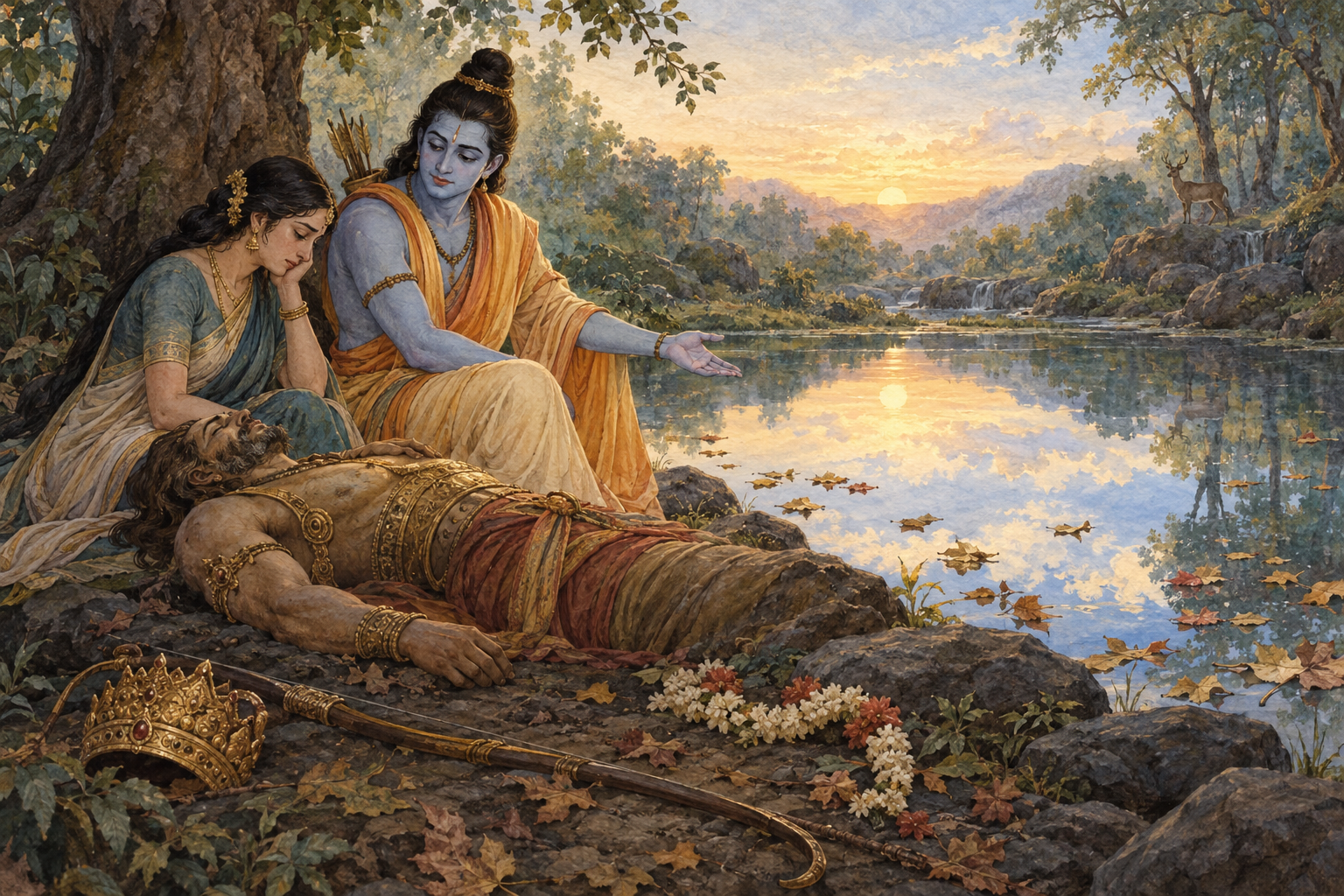 Rama counsels Tara beside Vali's body as a still forest pool reflects an unbroken luminous sky.