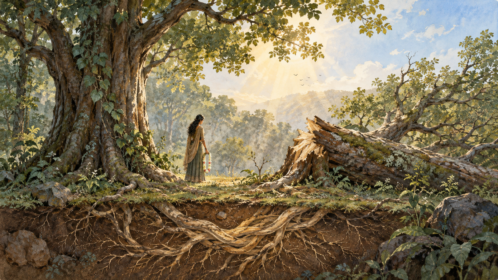 Tara stands between a living tree and a fallen tree whose roots remain intertwined beneath the forest floor.