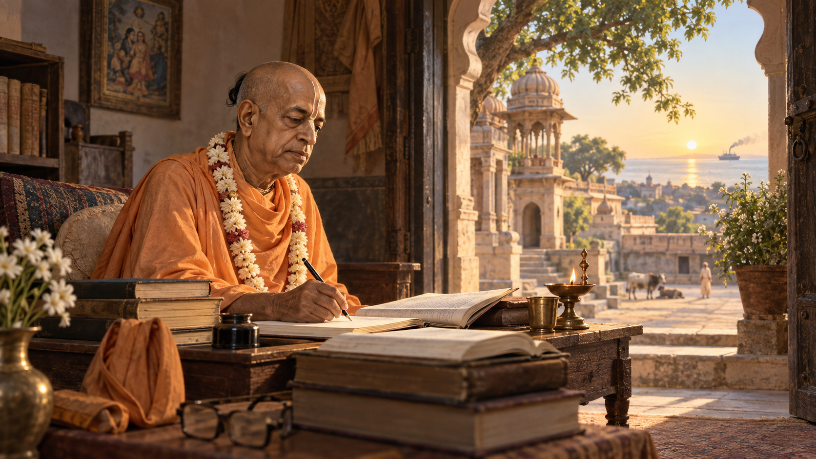 Srila Prabhupada works at a low desk with open books and papers in a modest Vrindavan room, with a temple courtyard and a distant ship visible beyond.
