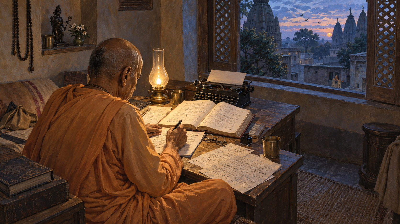 Srila Prabhupada translates sacred texts beside a lamp and typewriter before dawn in a simple Vrindavan room.