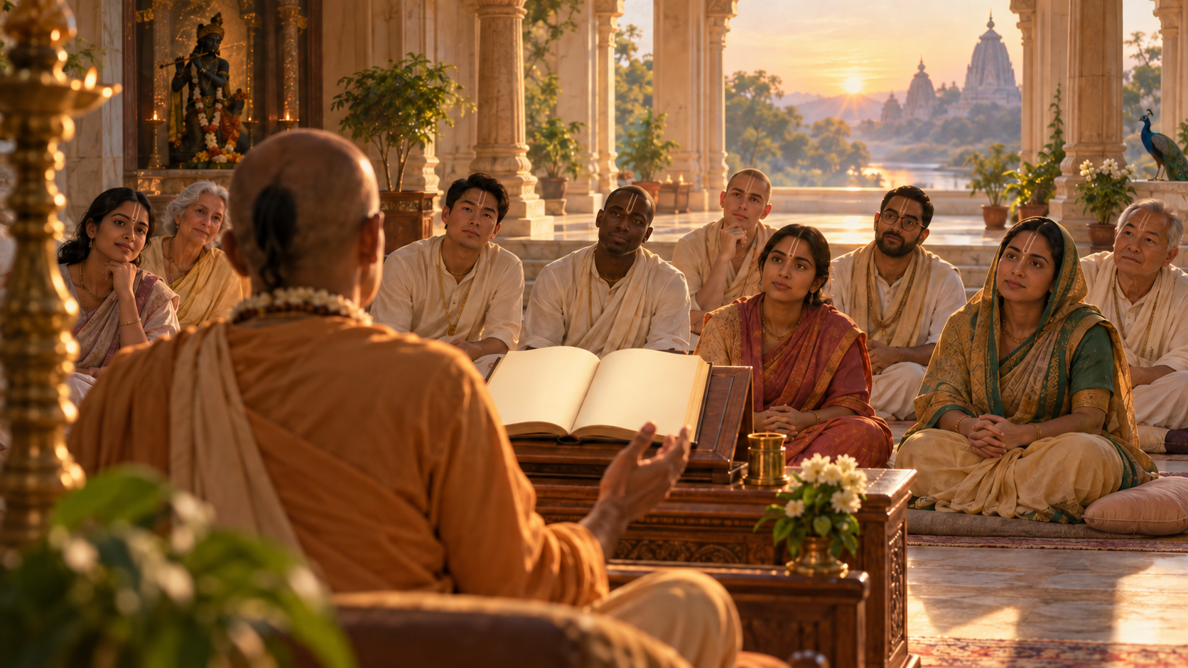 Vaishnava devotees listen attentively to a scripture class in a softly lit temple hall.