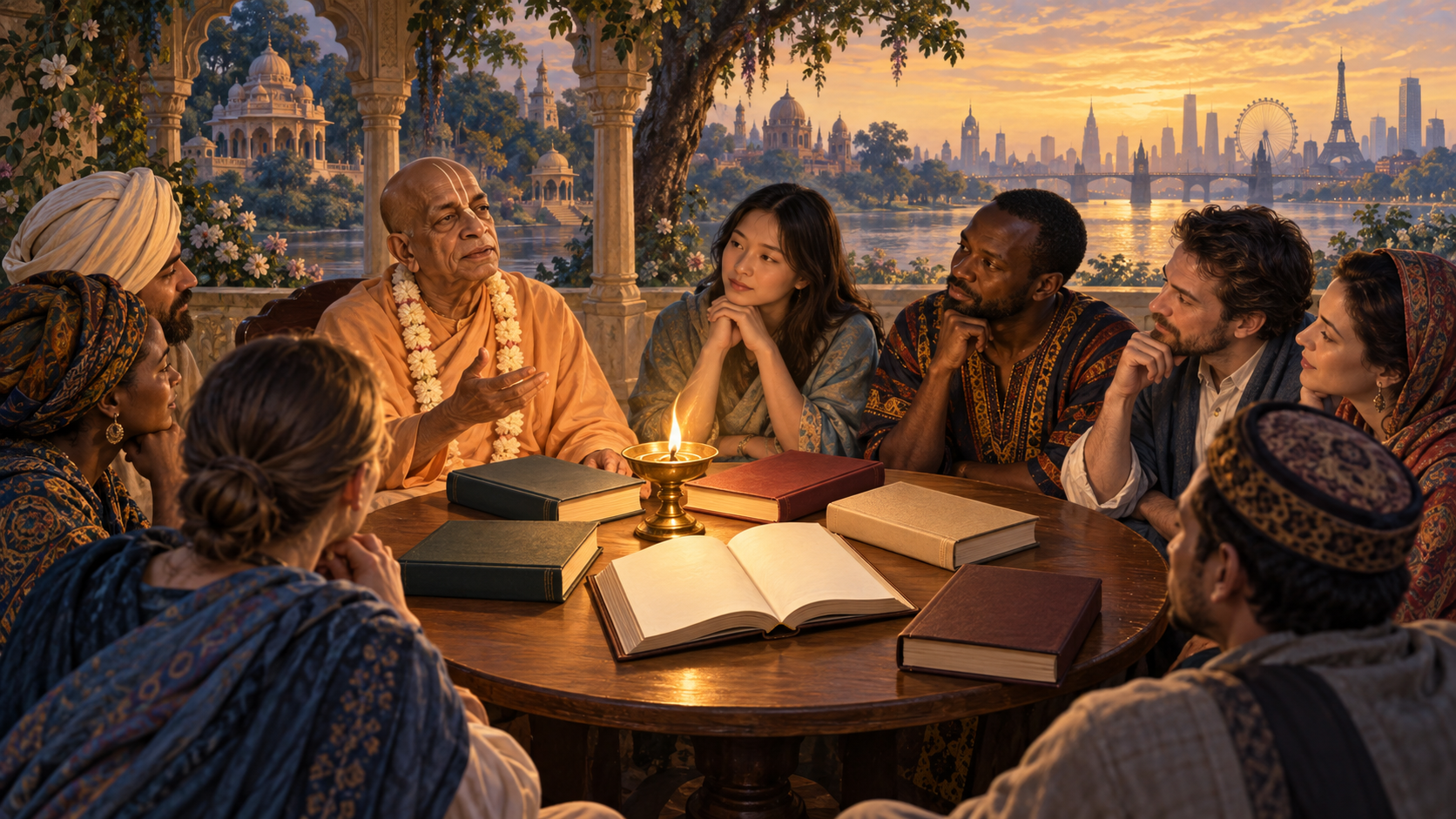 Blank-covered sacred books and an oil lamp sit at the center of a diverse reading circle guided by Srila Prabhupada.