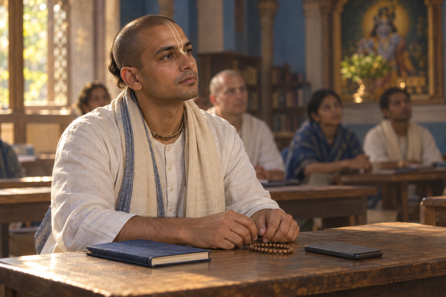 A seated Vaishnava practitioner listens with focused attention while prayer beads, a closed notebook, and a face-down phone lie nearby.