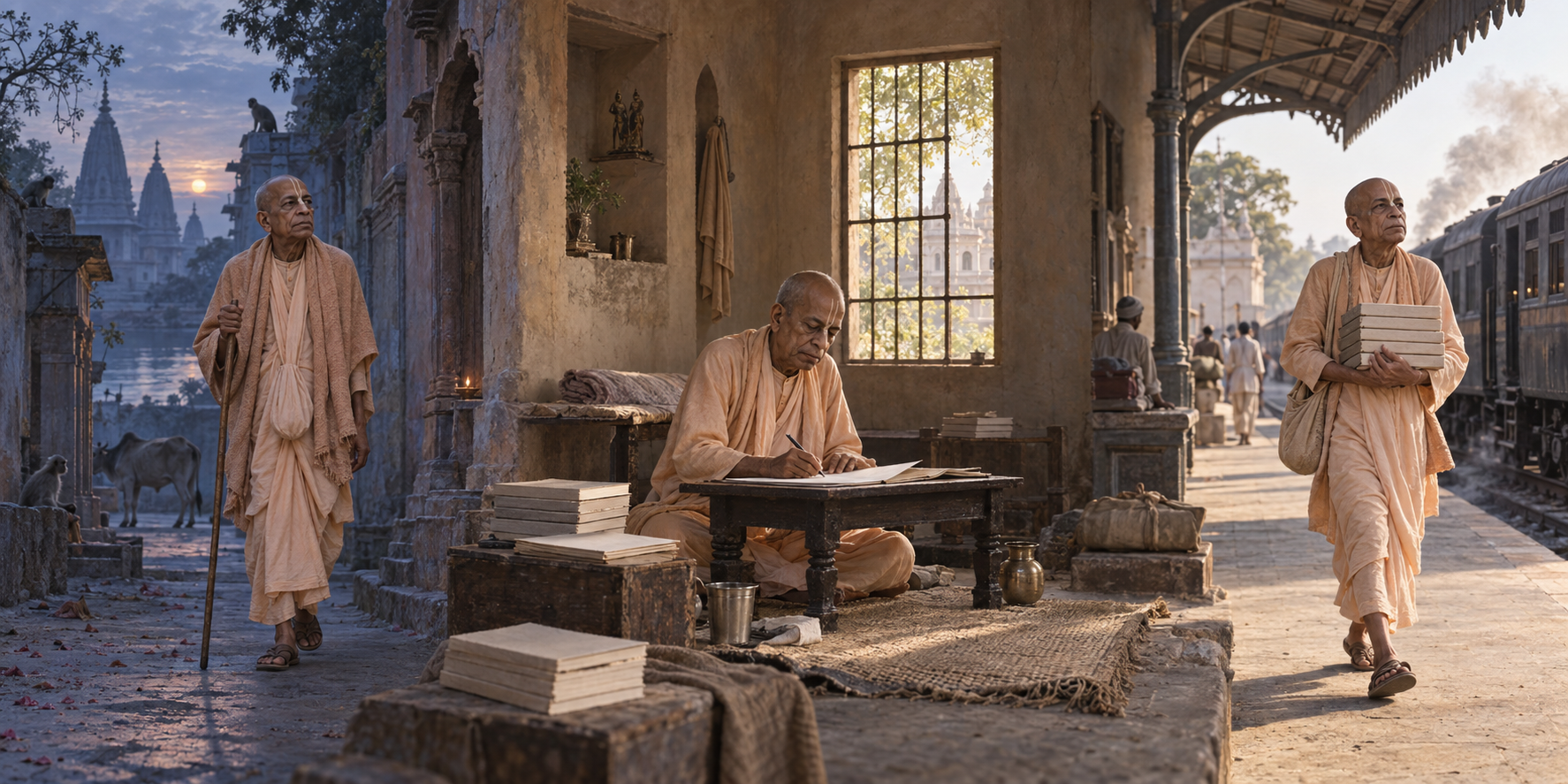 A continuous Vrindavan scene shows Srila Prabhupada walking at dawn, writing in a sparse room, and carrying bound volumes toward a railway platform.