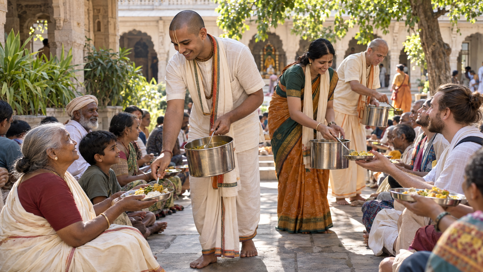 Vaishnava volunteers serve vegetarian prasadam to elders, families, and travelers in a temple courtyard.