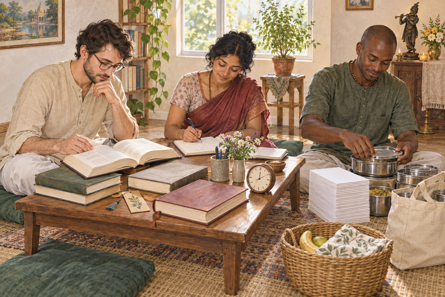 Three adults study blank-covered sacred books, take notes, and prepare materials and food for service around a low table.